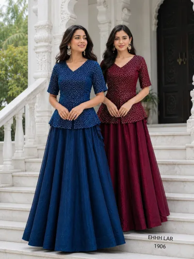 Georgette Sequins Embroidered Peplum Top with Shimmer Organza Lehenga.